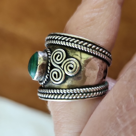 Sterling Malachite Wide Boho Bali Style Cigar Band Ring sz 8 - Picture 3 of 16